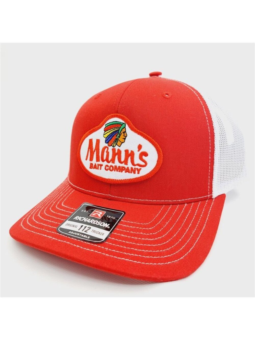 Mann's Bait Co. Hat Richardson 112 Trucker Cap Embroidered Patch Fishing Red New